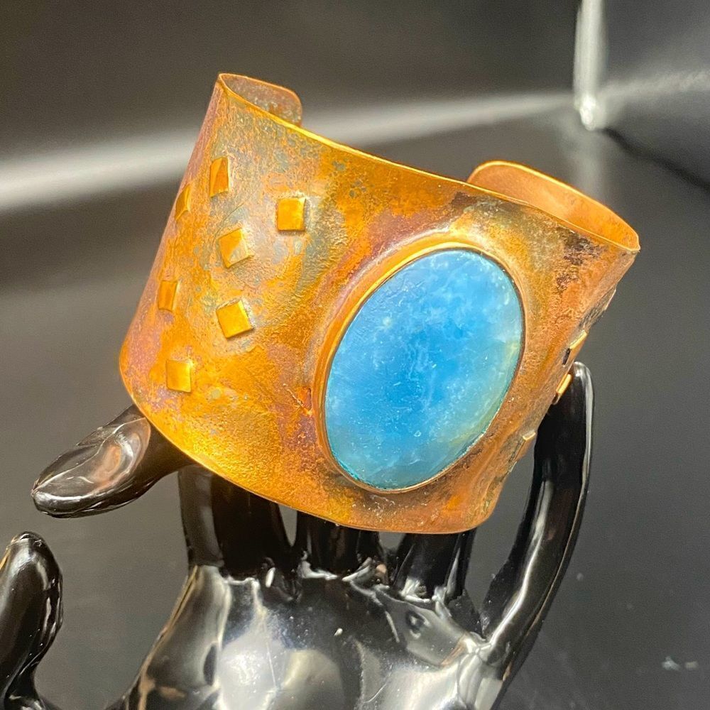 Ladies wide vintage copper bracelet w/blue chalcedony crystal for center mount